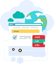  Illustration of cloud web hosting with server management, domain settings, website configuration, and secure hosting services.