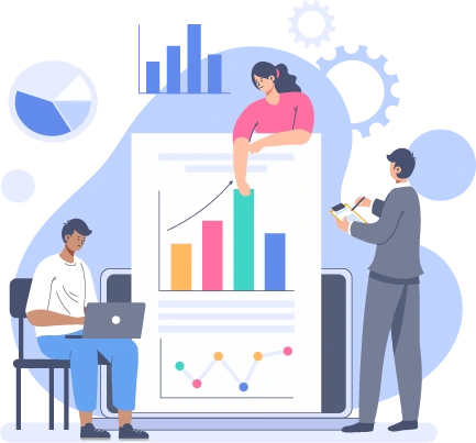  Three people analyzing charts and graphs for data analysis and business growth