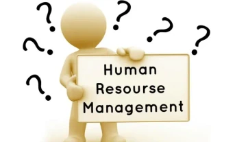Illustration of a human figure holding a sign labeled Human Resource Management with question marks, representing HRM software, employee management, and workforce administration.