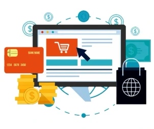 Illustration of an eCommerce website displayed on a desktop computer with a shopping cart icon, credit card, online payment symbols, shopping bag, and coins representing secure online shopping and digital payments. 