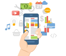 Illustration of a smartphone displaying a mobile application dashboard with analytics, media, shopping, messaging, finance, and coding icons representing mobile app development and digital business solutions.